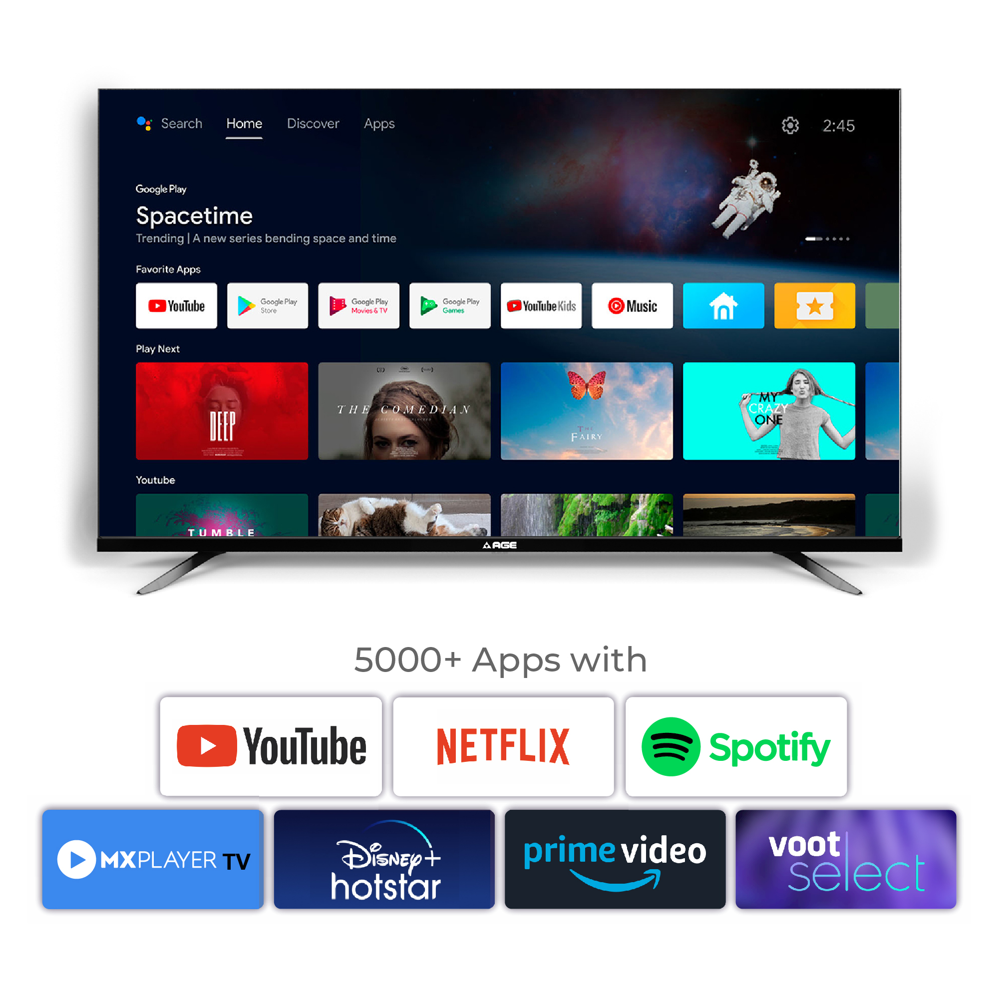AGE 164 cm (65 inch) Ultra HD (4K) LED Smart Android TV with Certified Android TV, Chromecast Built-In, Voice Search Enabled Remote, Android 11.0, HDR 10, Ultra Slim body, Netflix, Hotstar, Amazon Prime (PRO 65 UHD VC)