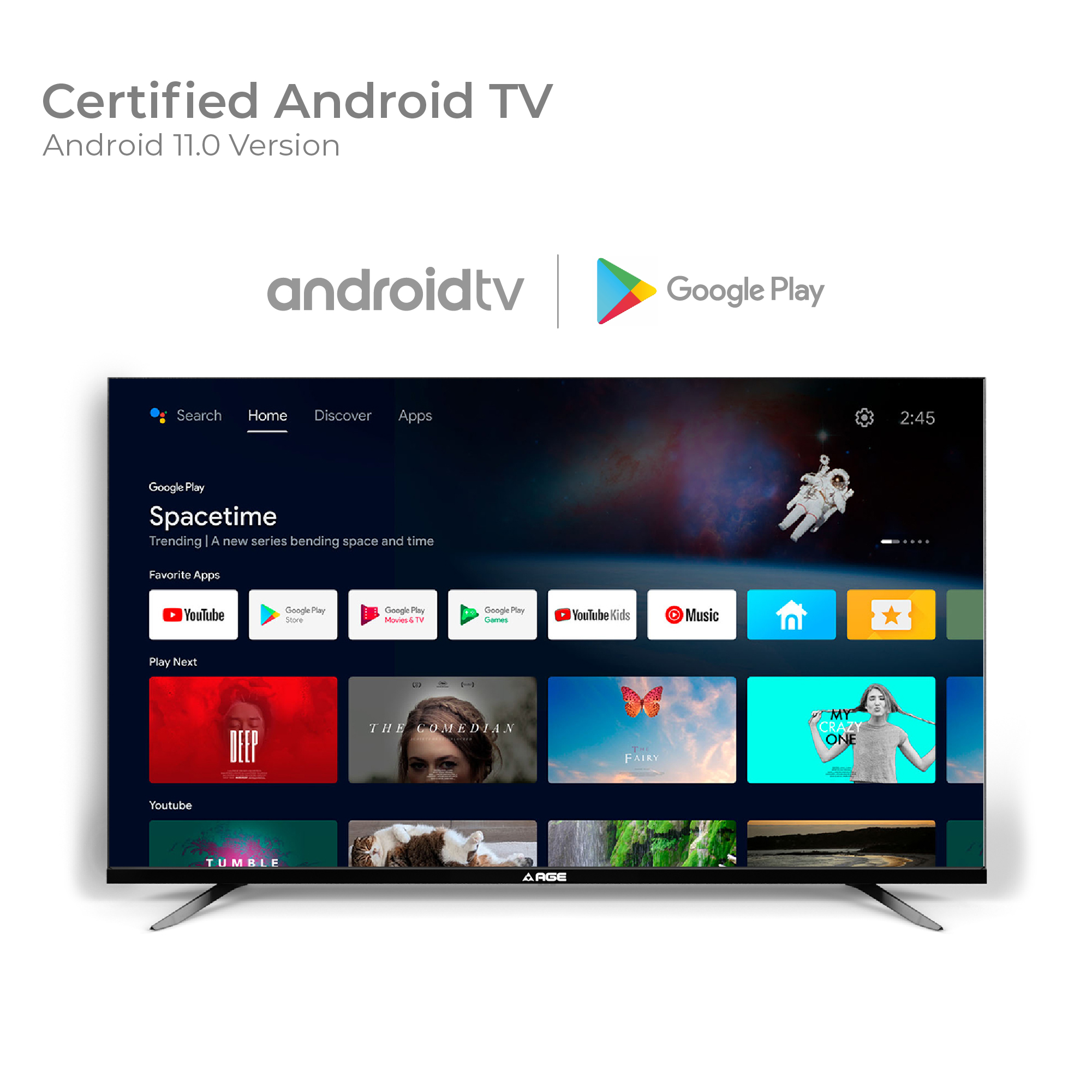 AGE 164 cm (65 inch) Ultra HD (4K) LED Smart Android TV with Certified Android TV, Chromecast Built-In, Voice Search Enabled Remote, Android 11.0, HDR 10, Ultra Slim body, Netflix, Hotstar, Amazon Prime (PRO 65 UHD VC)