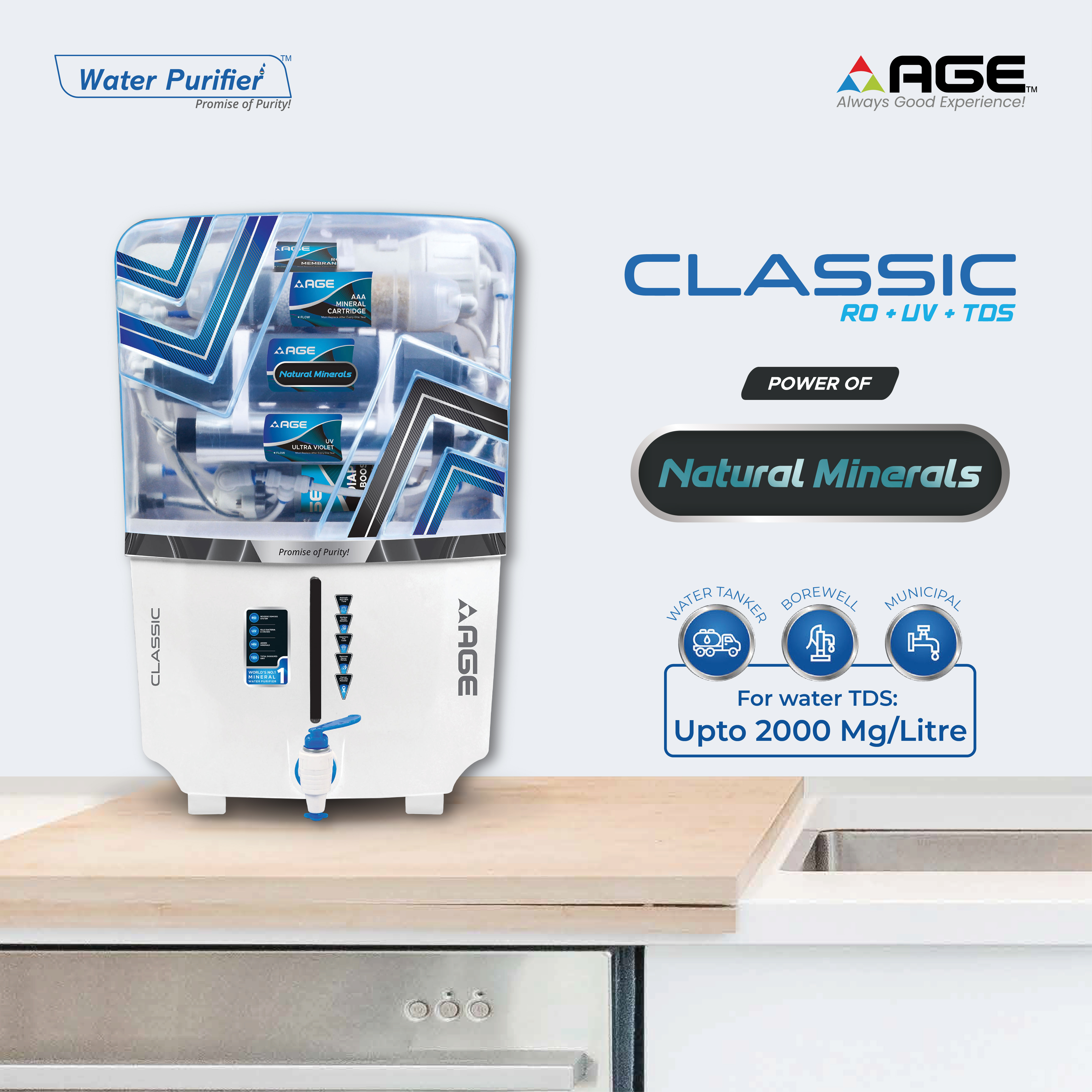 AGE Classic 12 L RO + UV + Minerals Water Purifier (White)